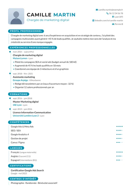Aperçu du modèle de CV Amphi (CV Débutants)