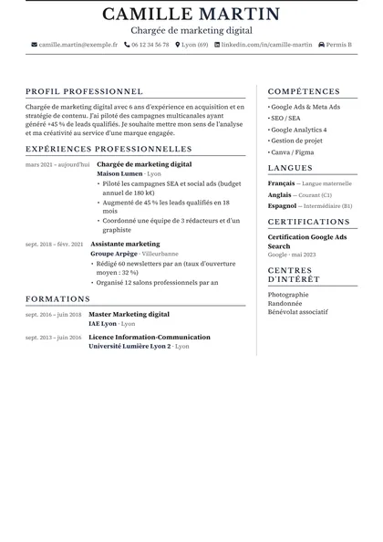 Aperçu du modèle de CV Bachelor (CV Cadres et Managers)