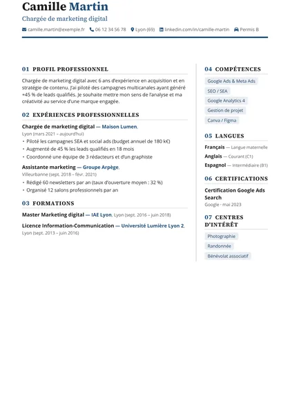 Aperçu du modèle de CV Camélia