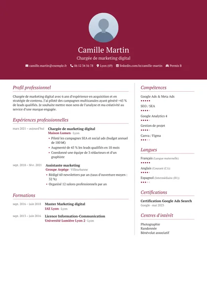 Aperçu du modèle de CV Chambord (CV Élégants)