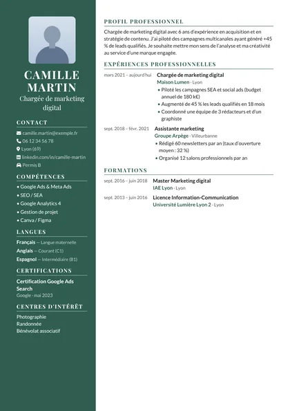 Aperçu du modèle de CV Départ (CV Cadres et Managers)