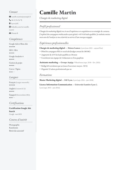 Aperçu du modèle de CV Lisière (CV Classiques)