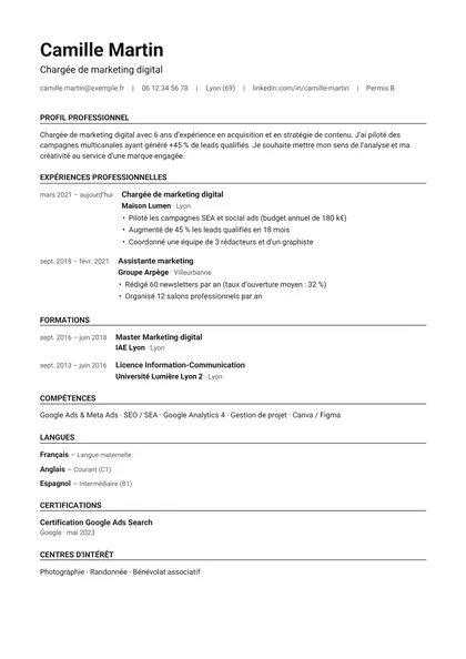 Aperçu du modèle de CV Orsay (CV Minimalistes)