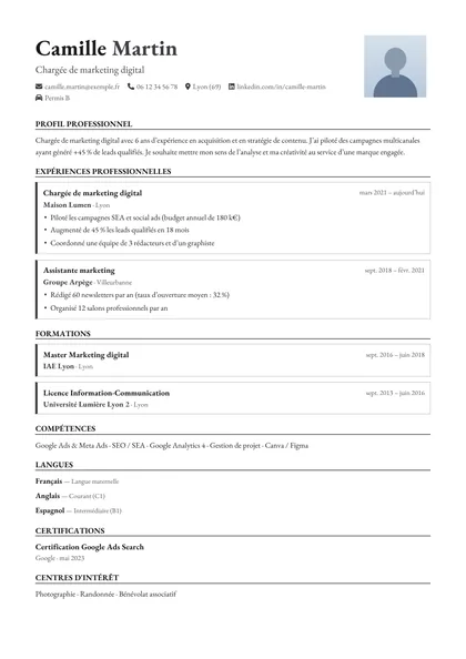 Aperçu du modèle de CV Premier Pas (CV Cadres et Managers)
