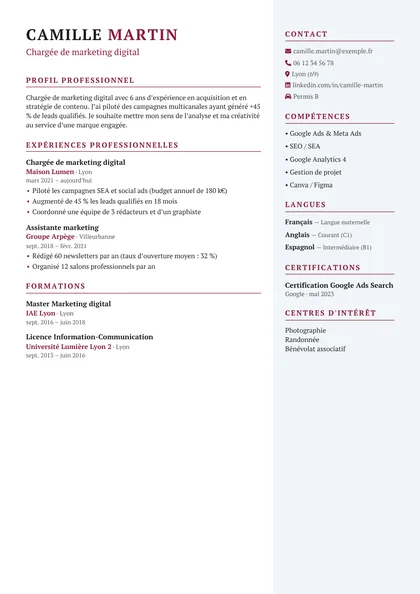 Aperçu du modèle de CV Promo (CV Cadres et Managers)