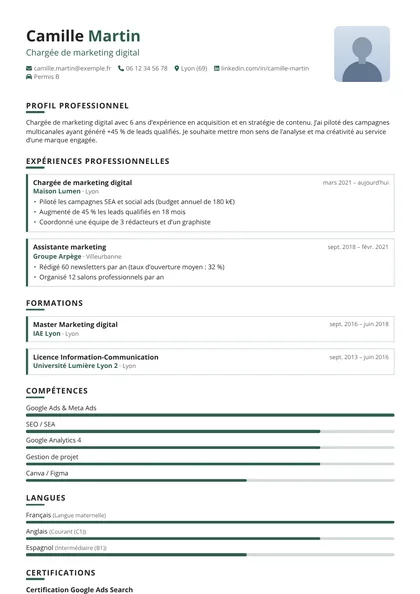 Aperçu du modèle de CV Sillage (CV Professionnels)