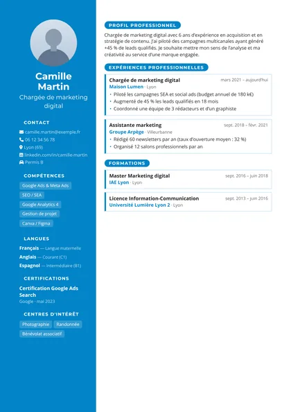Aperçu du modèle de CV Tempo (CV Étudiants)
