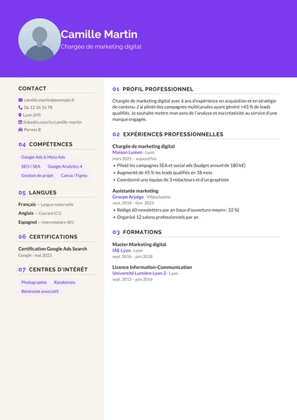 Aperçu du modèle de CV Vibrato (CV Étudiants)